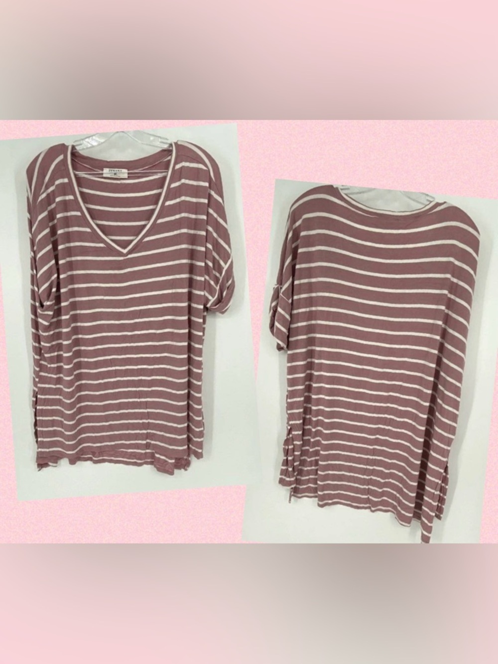 Zenana Dusty Rose Mauve Striped V-Neck T Shirt 2X